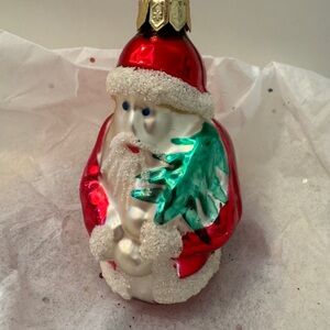 Vintage Cute 3” Mini Holiday Santa Claus w/ Christmas Tree Blown Glass Ornament